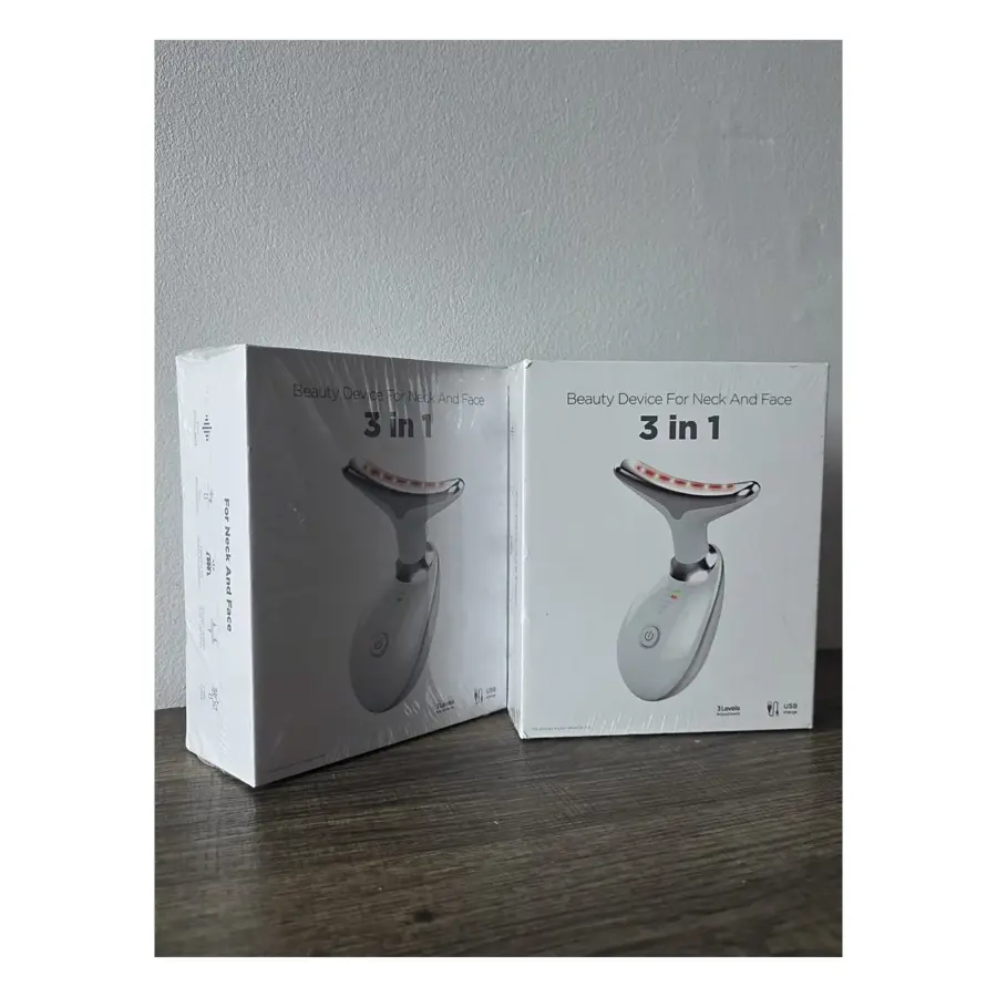 Two sealed boxes of the 3-in-1 beauty device for neck and face with the LED head pictured