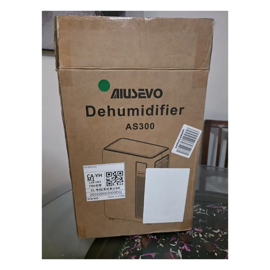 Aiusevo AS300 dehumidifier shipping box with the brand, model name and an outline of the unit printed on the side