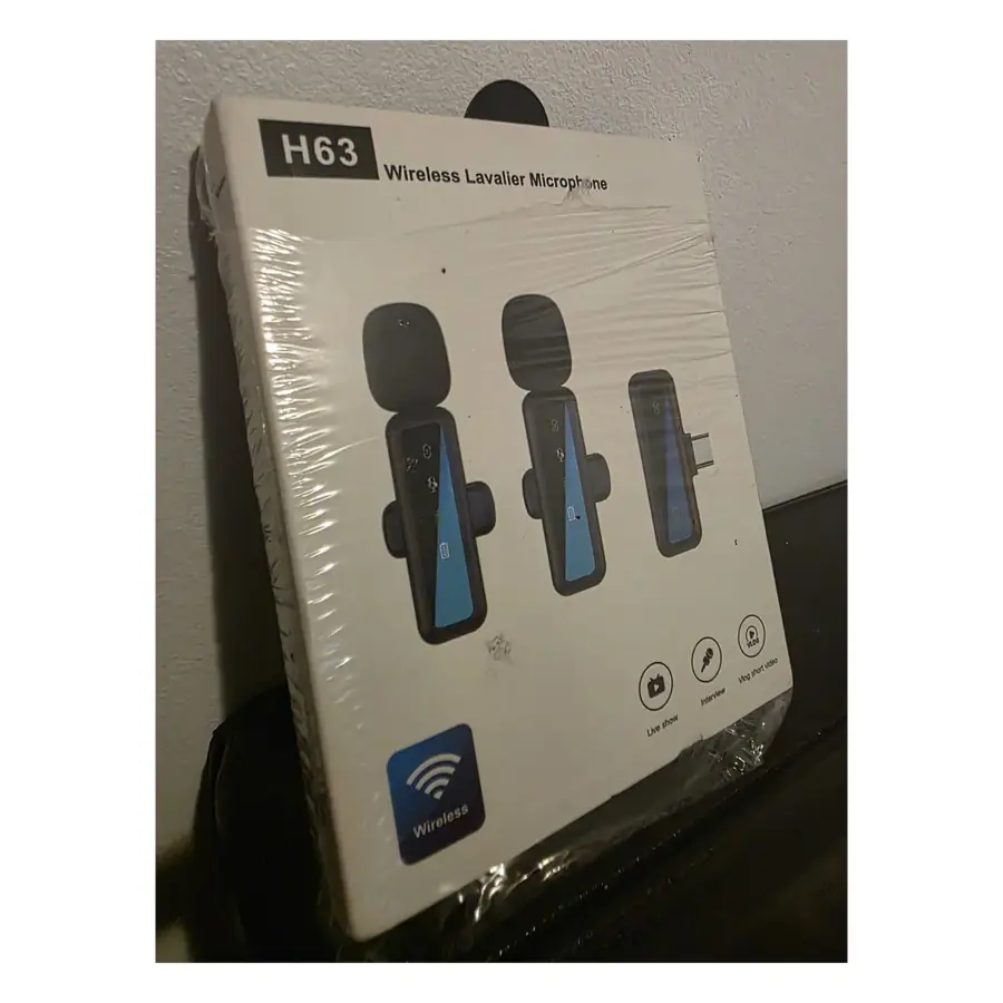 Box of the H63 wireless lavalier microphone kit showing two clip-on mics and a receiver