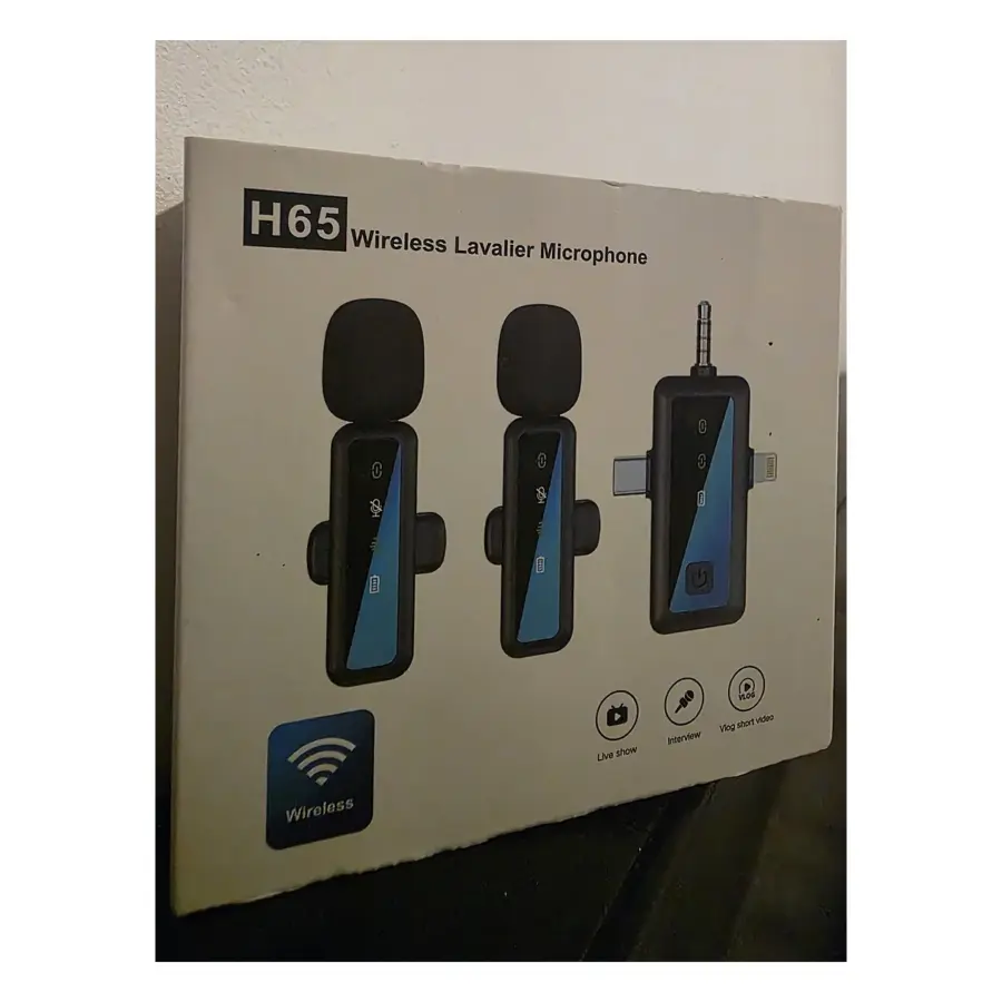 Box of the H65 dual wireless lavalier microphone kit with two mics and a 3-in-1 receiver