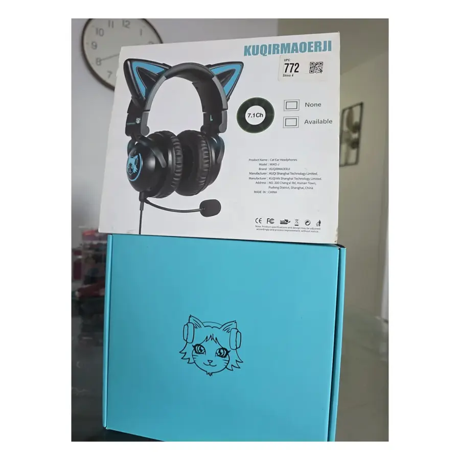 KUQIRMAOERJI MIKO-J cat ear gaming headset box resting on its blue inner packaging