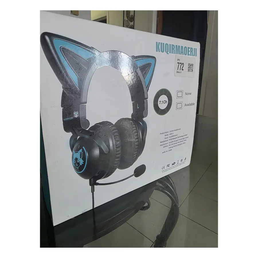 Front of the MIKO-J cat ear gaming headset box showing the cat ears and boom microphone