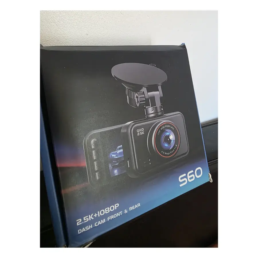 Open Box S60 dual dash cam retail box showing the 2.5K front camera on its suction mount
