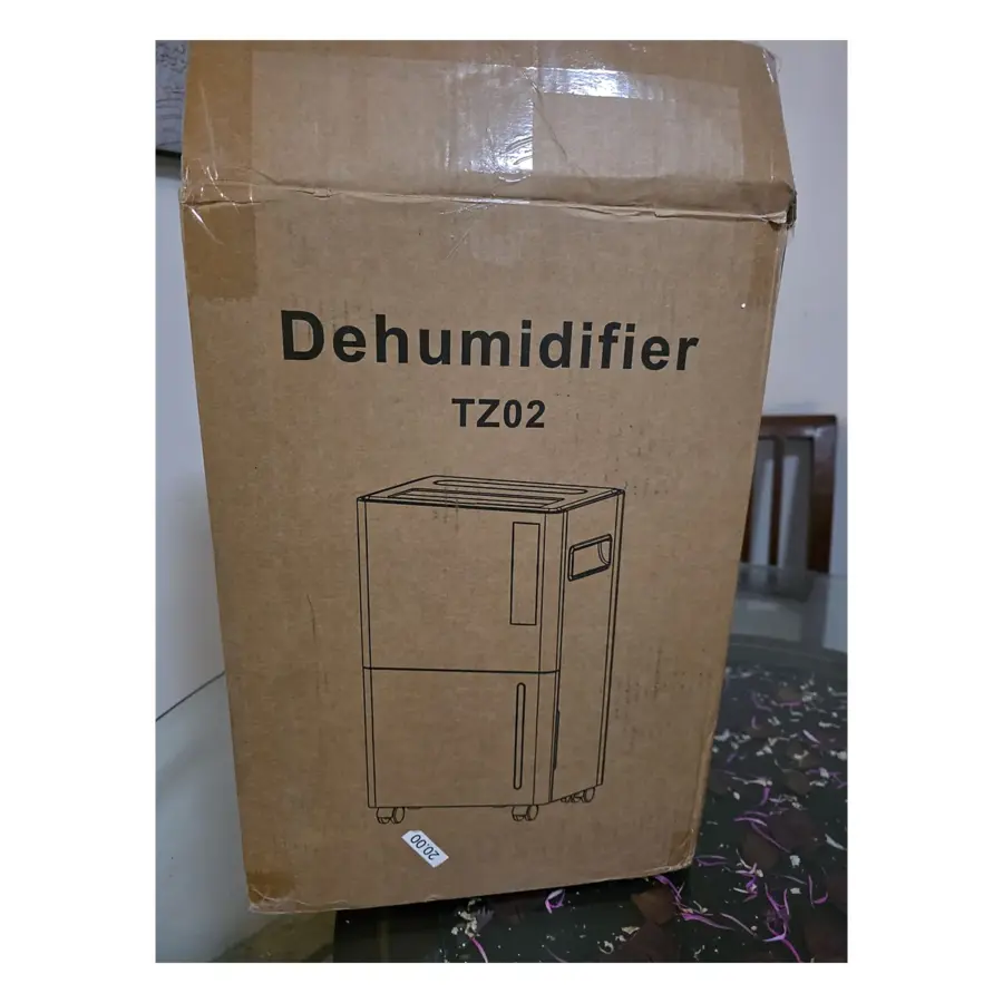 TZ02 dehumidifier cardboard box with the model number and a line drawing of the unit on wheels