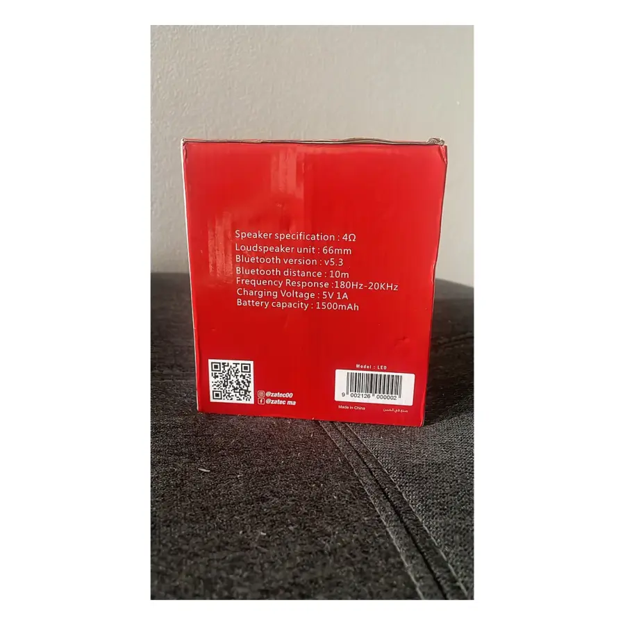 Back of the ZATEC LEO box listing Bluetooth 5.3, 66 mm driver and 1500 mAh battery